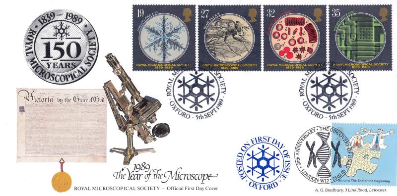 1989 (09) Microcopes - Bradbury Royal Microscopical Society, Oxford Official - Doubled 2003 DNA Stamp