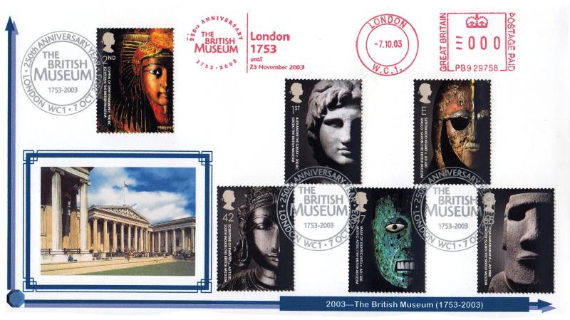 2003 (10) British Museum - Privately Produced 'Museum Front Entrance' Cover - Museum (Face), London H/S + 250th Anniversary The British Museum 1753-2003 (London 1753) Meter Mark