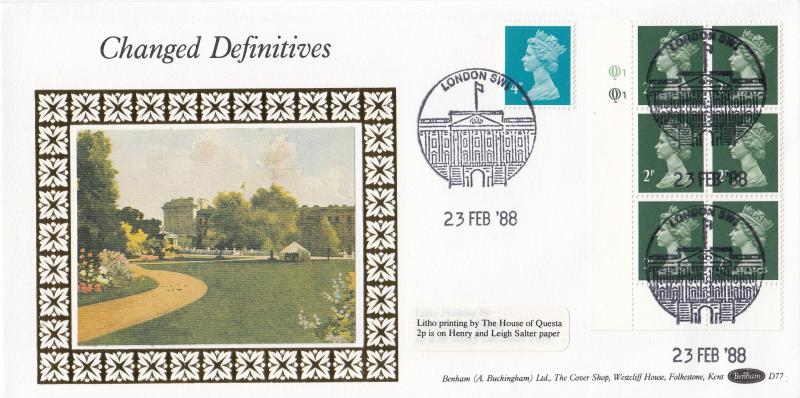 1988 (02) 2p + 75p Litho Printing Definitives - Pair of Benham D77's - Both Cyl No Panes - Buckingham Palace Front View H/S (2p Block) + Windsor Counter H/S (75p Block)