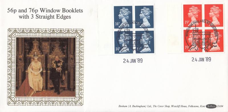 1989 (01) 56p & 76p Window Booklet with 3 Straight Edges - Benham D104 - Windsor Counter H/S