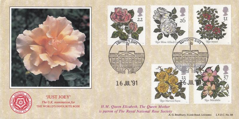 1991 (07) Roses - Bradbury LFDC 98 Special - Buckingham Palace Philatelic Counter H/S