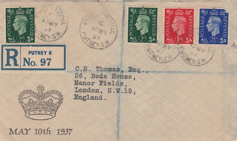 1937 (05) George VI Low Value Definitives - Illustrated 'Crown' Cover - Kingston Vale CDS