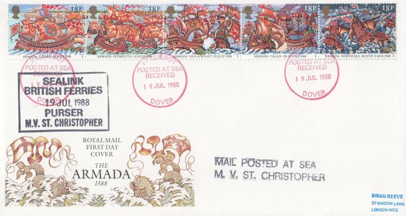 1988 (07) Armada - RM - Dover PAQUEBOT CDS + Sealink Purser Cachet's