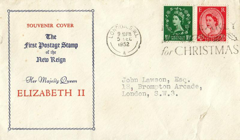 1952 (12) 1½d + 2½d Definitives - Blue & Red Text Cover - London SW1 'Post Early For Christmas' Slogan