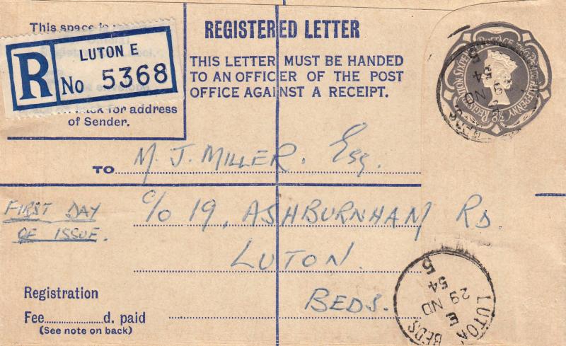 1954 (11) 8½d Slate Printed Registered Letter - Luton CDS