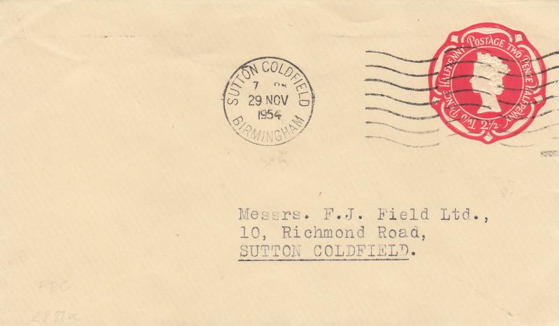 1954 (11) 2½d Red Printed (Rectangular) Envelope - Sutton Coldfield Wavy Line Slogan