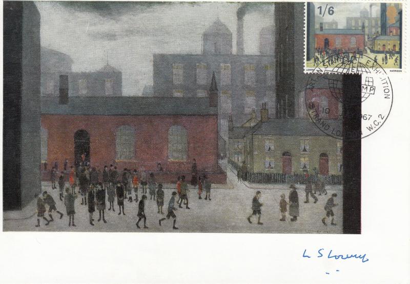 1967 (07) Paintings - Stamp Publicity Card - Art on Stamps Exhibition H/S (1/6d) - But signed by L.S. Lowry