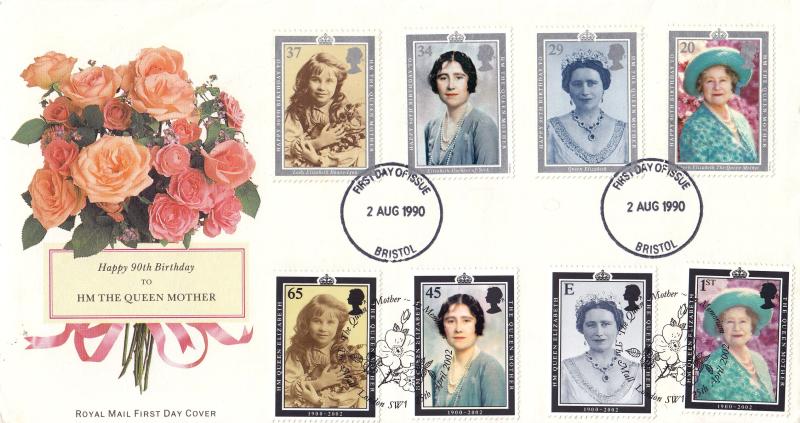 1990 (08) Queen Mother's 90th Birthday - RM - Bristol FDI - Doubled 2002 Memorial Set
