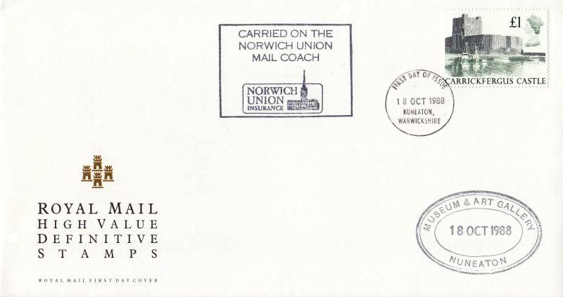 1988 (10) £1 Castle High - RM - Nuneaton FDI + Museum & Art Gallery Cachet + Norwich Union Cachet