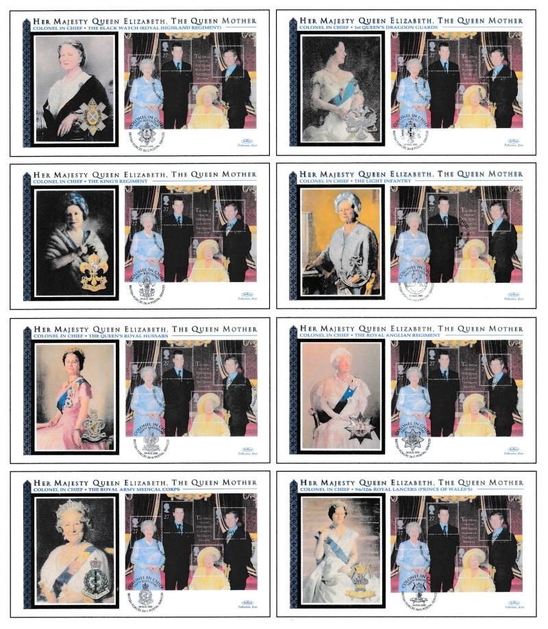 2000 (08) Queen Mother M/S - Benham/Group Captain Randle 'Colonel In Chief' Officials - ALL EIGHT VERSIONS