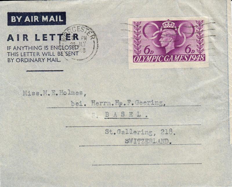 1948 (07) 6d Olympics Air Letter - Worcester Wavy Line Slogan