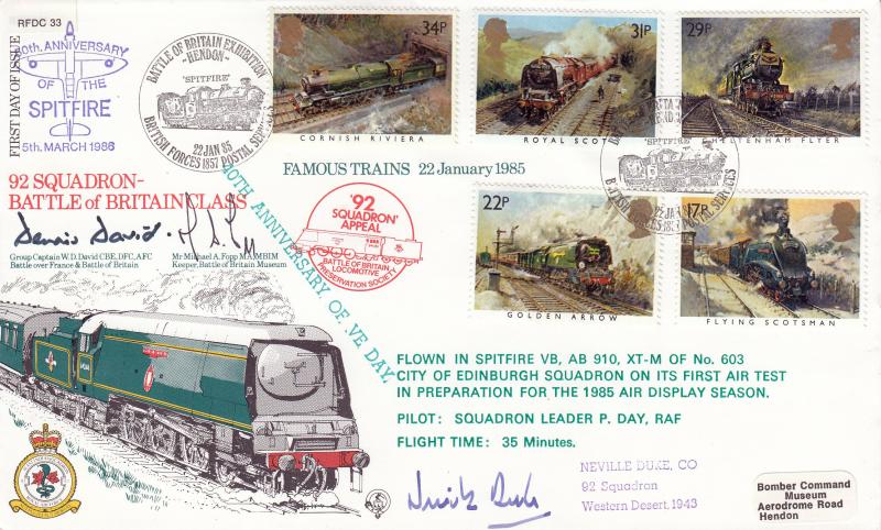 1985 (01) Famous Trains - Forces RFDC 33 Hendon 'Spitfire' Official - Signed Dennis David & Neville Duke