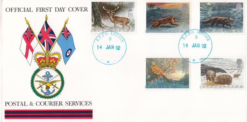 1992 (01) Wintertime - Postal & Courier Services Cover - BFPO London 9 CDS
