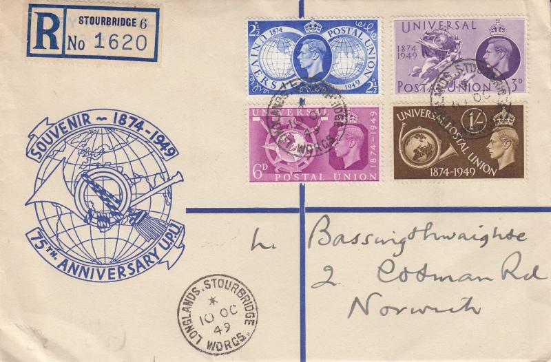 1949 (10) UPU - Blue Globe & Horn Cover - Stourbridge CDS