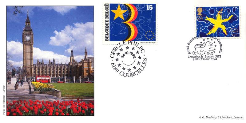 1992 (10) Single Market - Bradbury 'Big Ben' Cover - British Presidency, Downing Street H/S - Doubled  in Belgium