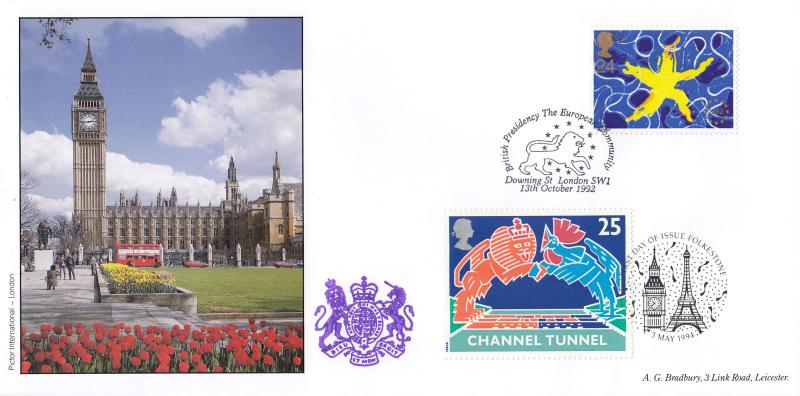 1992 (10) Single Market - Bradbury 'Big Ben' Cover - British Presidency, Downing Street H/S - Doubled 1994 Channel Tunnel Issue