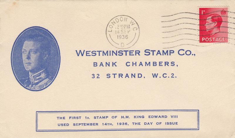 1936 (09) Edward VIII 1d Red Definitive - 'Blue Cameo' Cover - London WC Wavy Line Slogan
