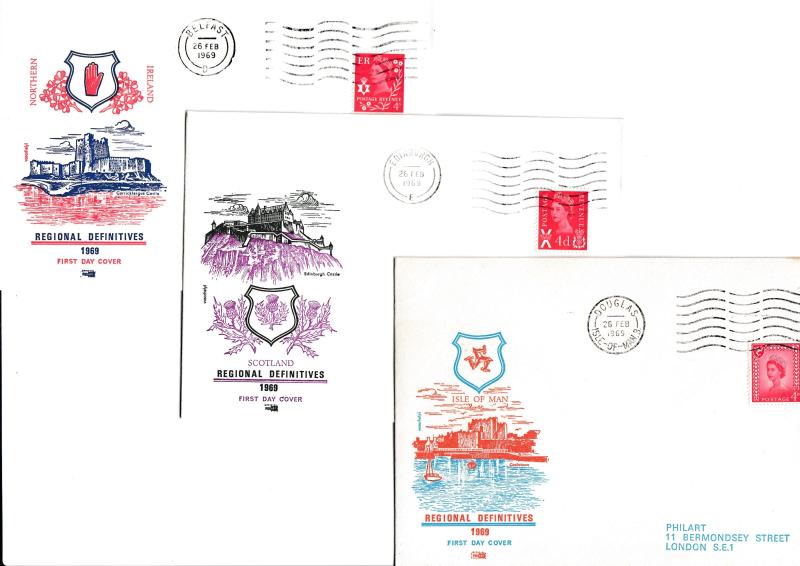 1969 (02) 4d Red Regional's - ALL SIX versions on Matching Philart Covers - 5 x Slogans + 1 CDS