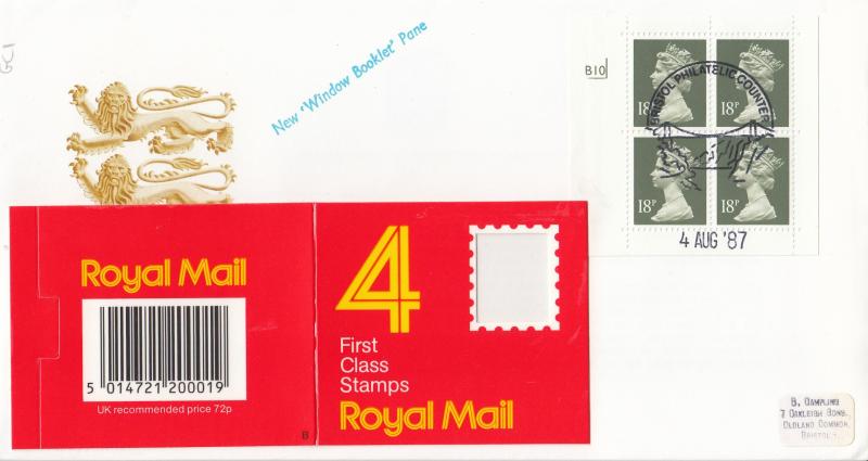 1987 (08) 4x1st Class 'Window Booklet' GC1 - RM - Bristol Counter H/S (Cylinder No Version)