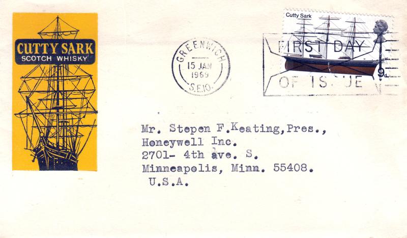 1969 (01) Ships - Cutty Sark Scotch Whisky Cover - 9d Cutty Sark stamp - Greenwich FDI 'Envelope' Slogan