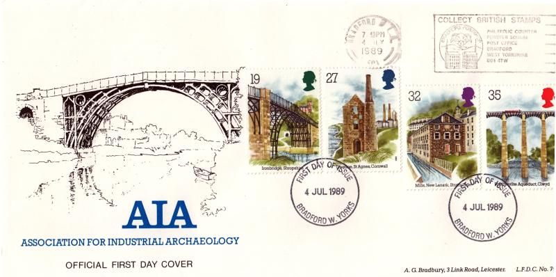 1989 (07) Industrial Archaeology (Stamps) - Bradbury LFDC 79 (AIA) Official - Bradford 'Collect British Stamps' Slogan