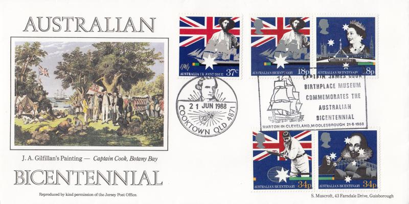 1988 (06) Australia - Muscroft 'Captain Cook, Botany Bay Painting' Marton In Cleveland Official - Doubled Cooktown Australia