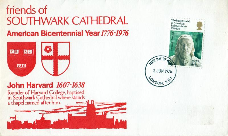 1976 (06) USA Bicentenary - Southwark Cathedral 'John Harvard' Cover - London SE1 FDI
