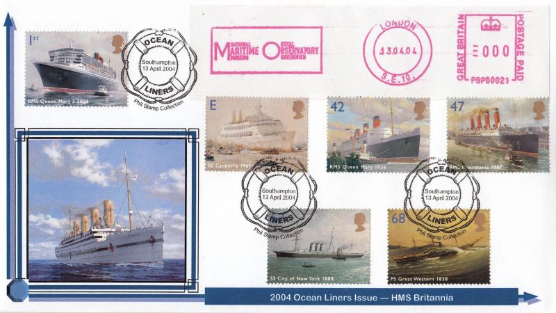 2004 (04) Ocean Liners (Stamps) - Privately Produced 'HMS Britannia' Cover - Southampton H/S + National Maritime Museum Meter Mark