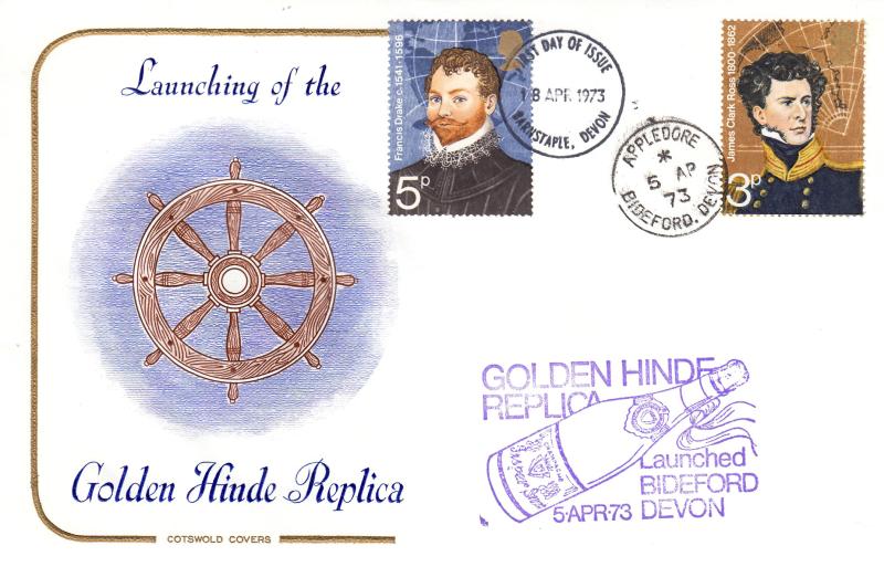 1973 (04) Explorers - Cotswold 'Golden Hinde Replica Launching' Special - 5p Francis Drake Stamp - Barnstaple FDI