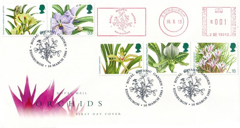 1993 (03) Orchids - RM - Royal Botanic Gardens, Edinburgh H/S + Royal Botanic Gardens, Edinburgh Meter Mark