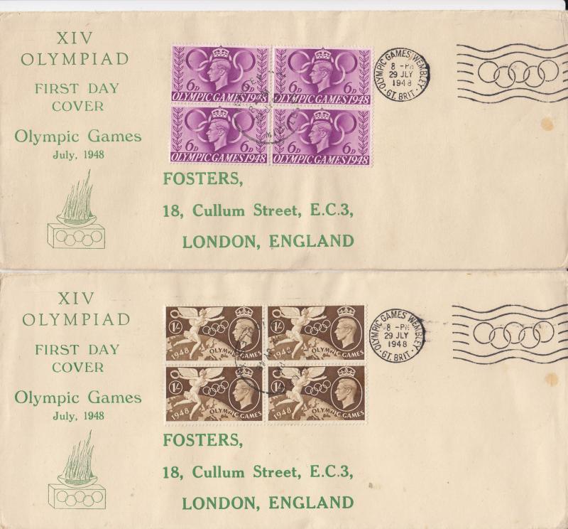 1948 (07) Olympics - Green 'Text & Olympic Flame' Cover - 6d & 1/- Blocks of Four - Olympic Games, Wembley Slogan + Wembley CDS