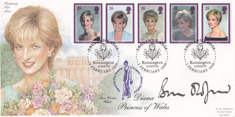 1998 (02) Diana - 4d Post - Kensington (Single Rose) H/S - Signed by Bruce Oldfield