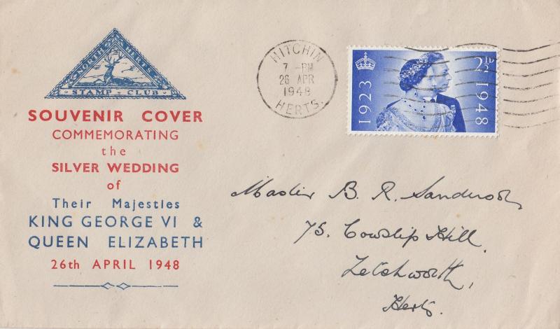 1948 (04) Silver Wedding - North Herts Stamp Club Cover - 2½d - Hitchin Wavy Line Slogan