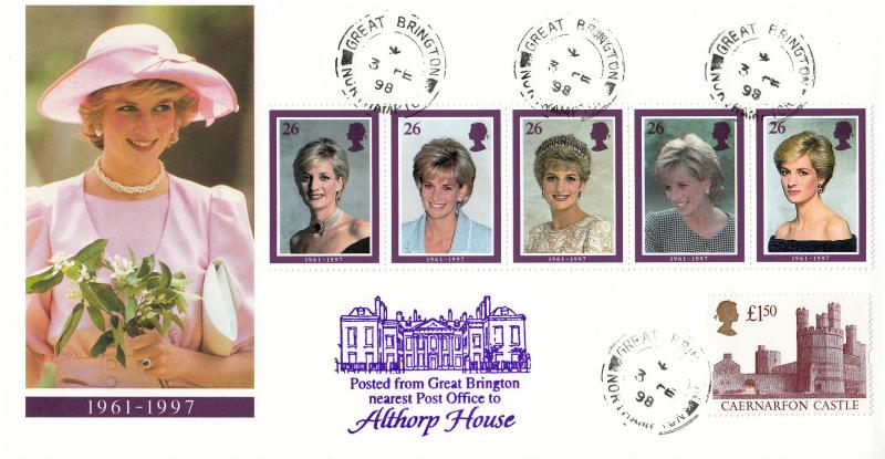 1998 (02) Diana - RM - Great Brington CDS + Caernarfon Castle Castle High + Cachet