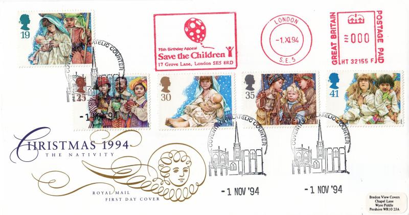 1994 (11) Christmas - RM - Coventry Philatelic Counter H/S + Save The Children Meter Mark