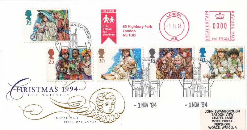 1994 (11) Christmas - RM - Gloucester Philatelic Counter H/S + Action For Children Meter Mark