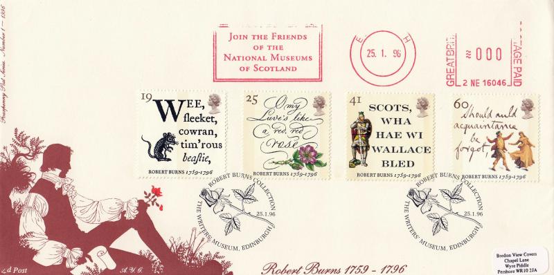 1996 (01) Robert Burns - 4d Post - The Writers Museum, Edinburgh H/S + Join The Friends Of The National Museums of Scotland Meter Mark
