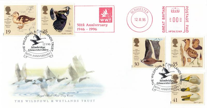 1996 (03) Wildfowl & Wetlands Trust (WWT) - RM - Slimbridge H/S + WWT 50th Anniversary 1946-1996 Meter Mark