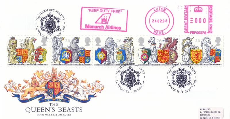1998 (02) Queen's Beasts - RM - The Heraldry Society H/S + Monarch Airlines Meter Mark