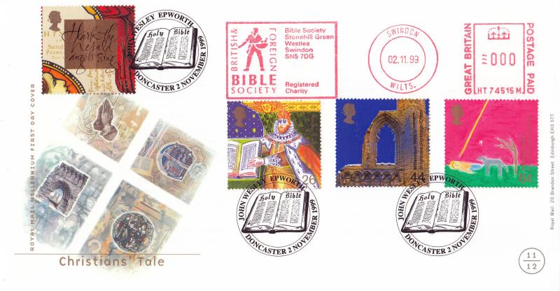 1999 (11) Christians - RM - John Wesley, Epworth H/S + British & Foreign Bible Society Meter Mark