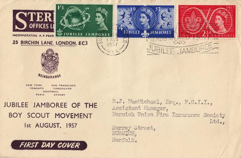 1957 (08) Scouts - Sterling Offices Cover - Jubilee Jamboree Slogan