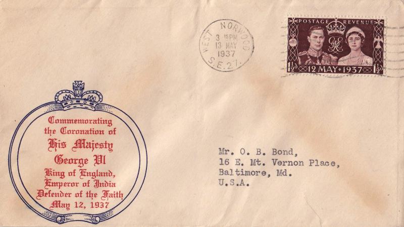 1937 (05) Coronation - 'Red Text inside Blue Ring' Cover - West Norwood Wavy Line Slogan