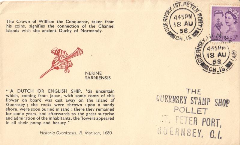 1958 (08) Guernsey 3d Regional - 'Nerine Sarniensis' Cover - St Peter Port CDS