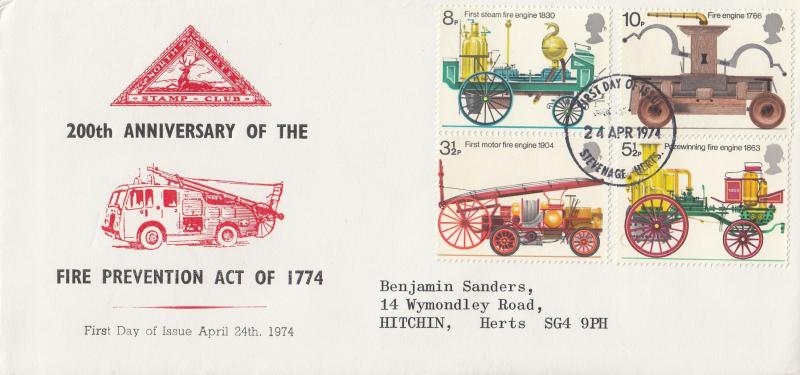 1974 (04) Fire Services - North Herts Stamp Club Cover - Stevenage FDI
