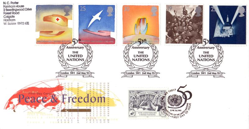 1995 (05) VE Day - RM - United Nations, SW1 H/S - Doubled United States 'United Nations' Stamp & H/S