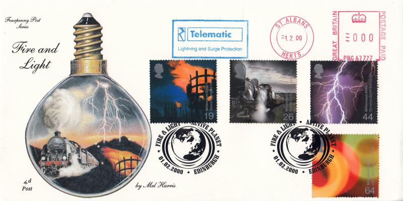 2000 (02) Fire & Light - 4d Post - Active Planet, Edinburgh H/S + Telematic Lightning and Surge Protection Meter Mark
