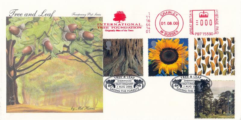 2000 (08) Tree & Leaf - 4d Post - Sherwood, Nottingham H/S + International Tree Foundation Meter Mark