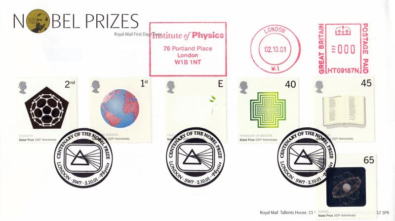 2001 (10) Nobel Prizes - RM - Physics, London SW7 H/S + Institute of Physics Meter Mark