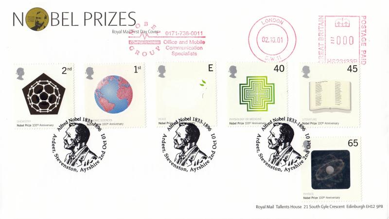 2001 (10) Nobel Prizes - RM - Alfred Nobel, Stevenston H/S + Nobel Group Meter Mark