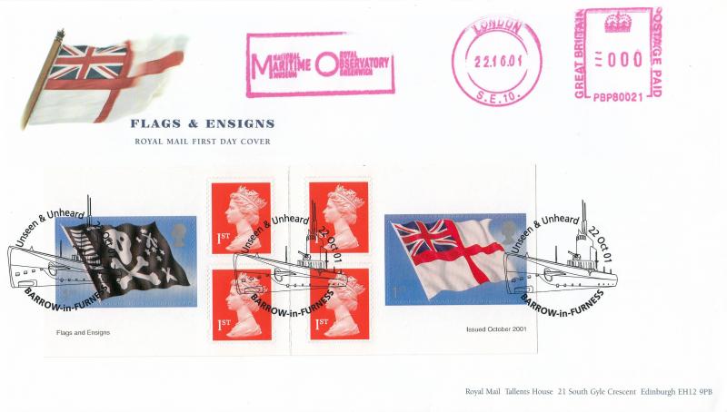 2001 (10) Flags & Ensigns (NVI Booklet) - RM - Unseen & Unheard, Barrow In Furness H/S + National Maritime Museum Meter Mark